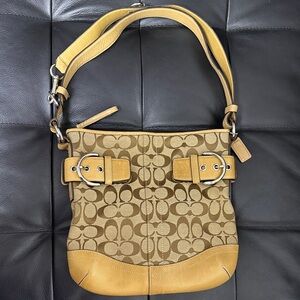 Coach Tan Signature Canvas and Yellow Leather Shoulder Bag